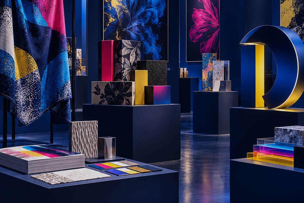 Composition illustrative de travaux d’impression et d’applications graphiques dans une galerie éclairée en bleu